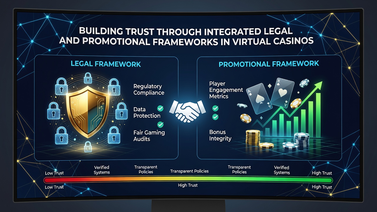 Screenshot of a virtual casino dashboard showing synchronized legal notices and active promotions