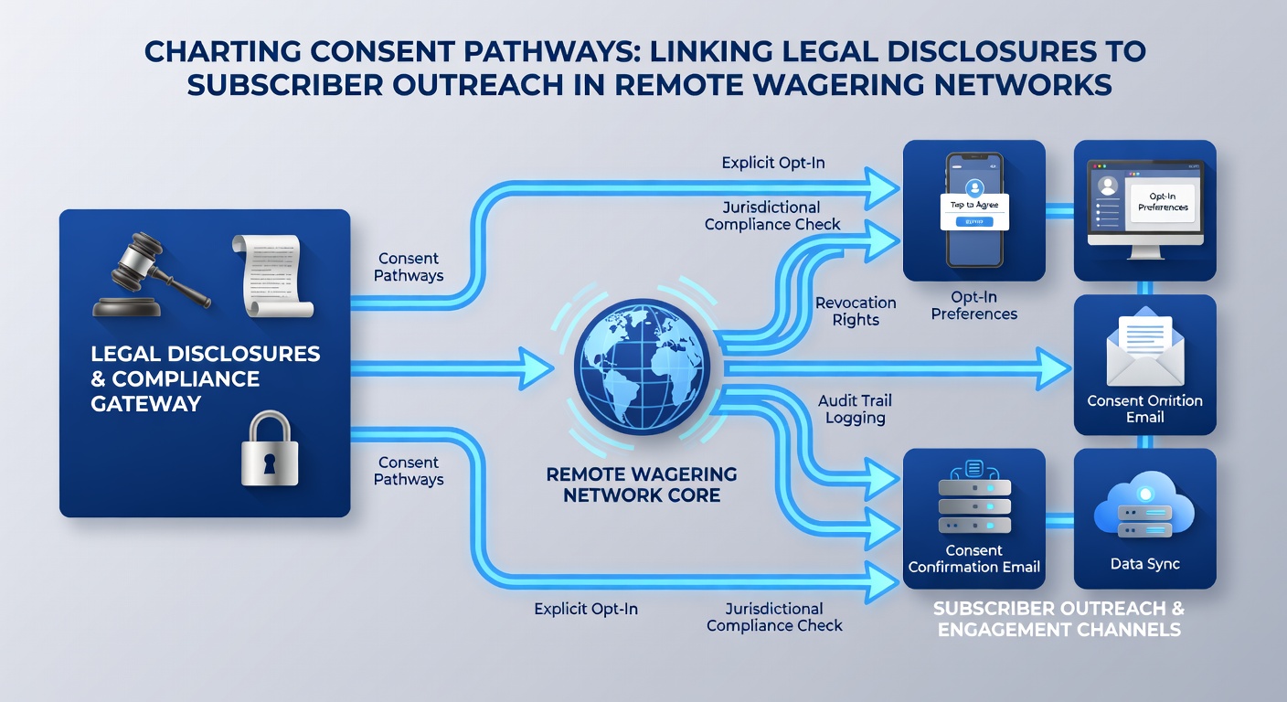 Diagram showing the flow from legal disclosures through consent records to subscriber outreach in remote wagering