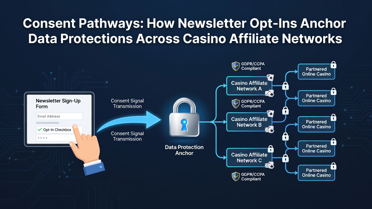 Flowchart showing newsletter opt-in consent pathways linking casino affiliates with data protection protocols