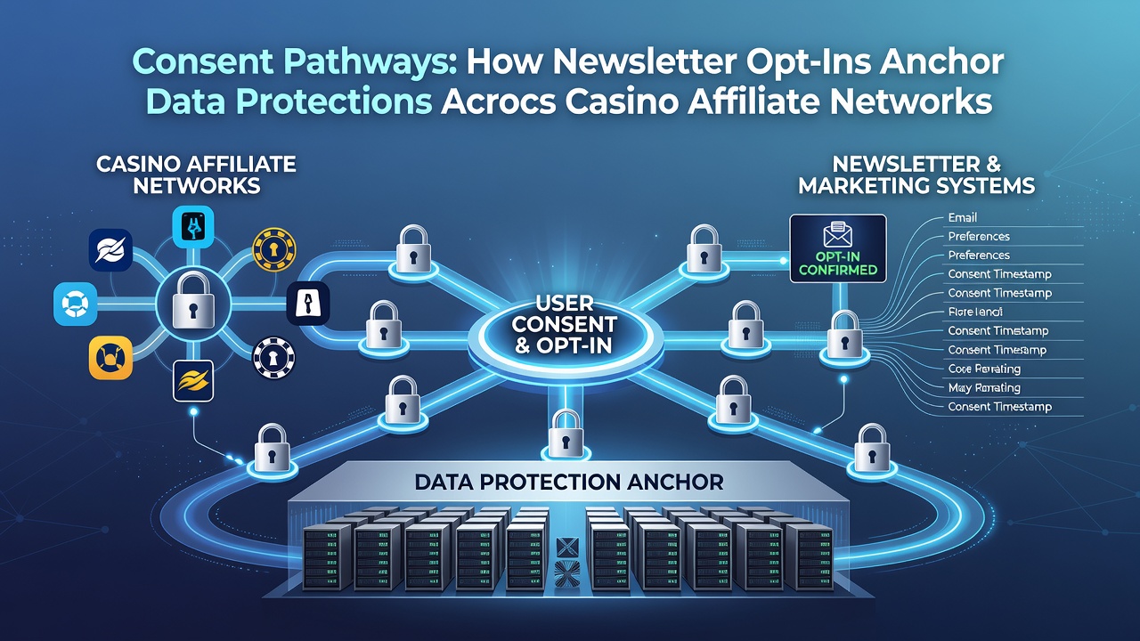 Illustration of encrypted data flows between casino affiliates following newsletter consent activation