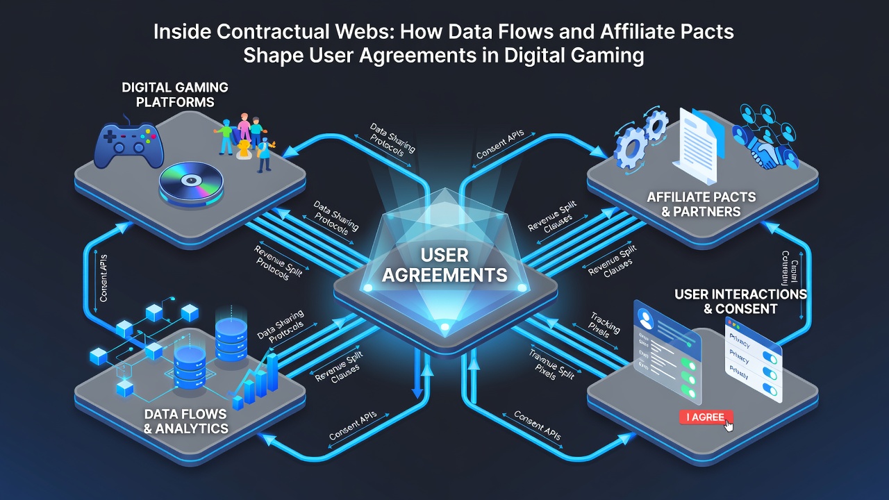 Diagram showing regulatory oversight points across affiliate networks and gaming user agreements