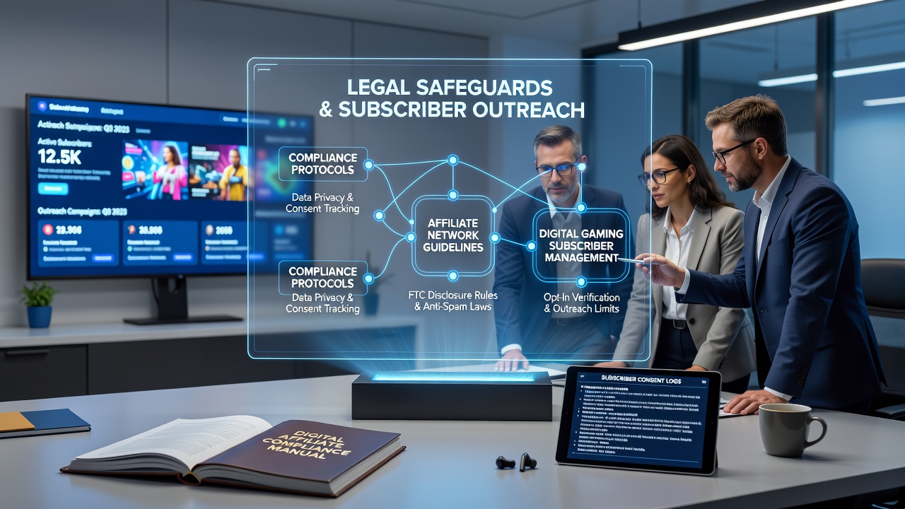 Abstract graphic depicting layered legal shields surrounding subscriber data flows in affiliate marketing systems
