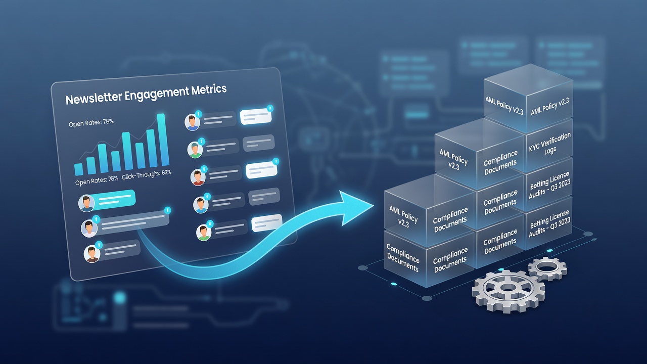 Remote betting platform dashboard displaying linked newsletter metrics and compliance document status indicators