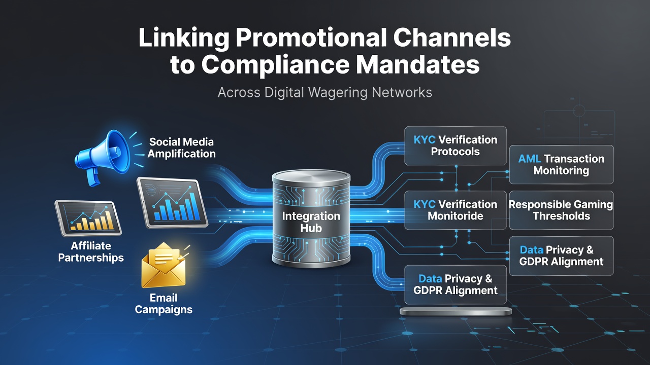 Network diagram illustrating connections between promotional channels and compliance mandates in digital wagering systems
