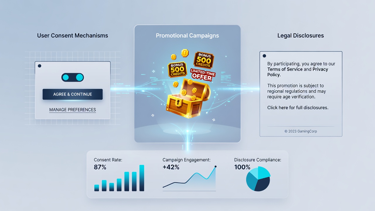 Screenshot of an online gaming dashboard with consent toggles, active promotions, and expandable legal disclosure sections
