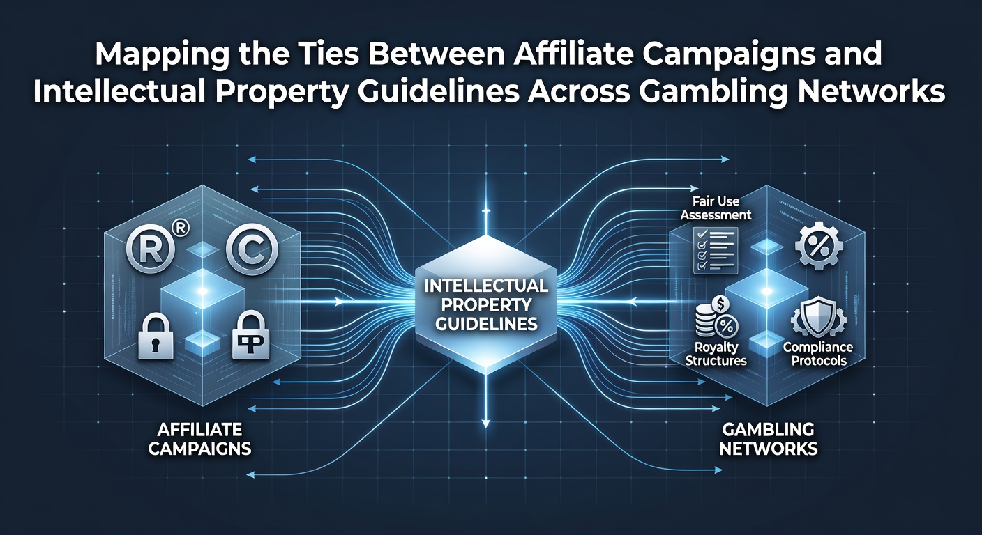 Network diagram showing connections between affiliate marketing campaigns and intellectual property compliance in gambling platforms