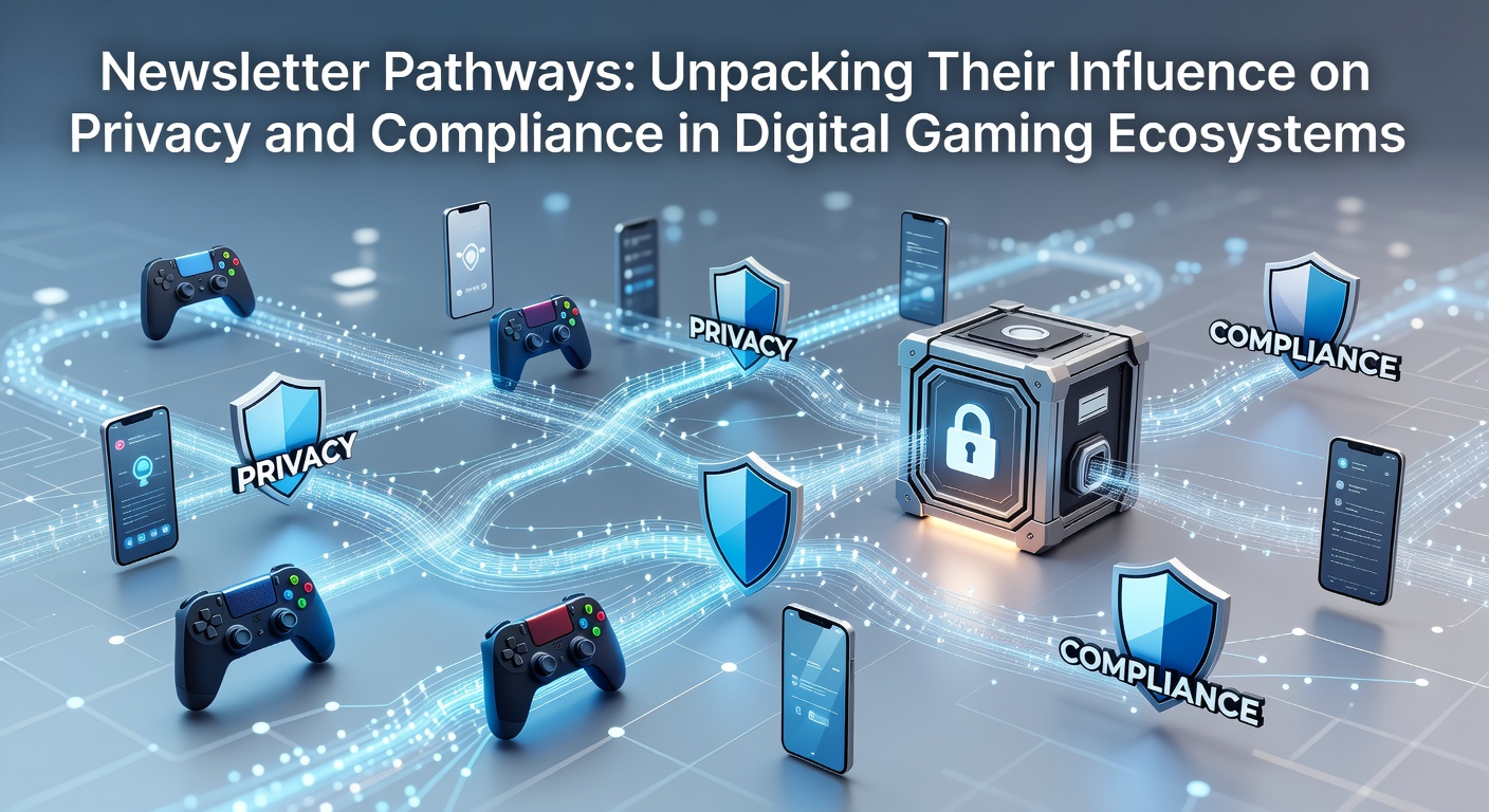 Digital illustration showing newsletter signup forms integrated into online gaming platforms with privacy icons and data flow diagrams