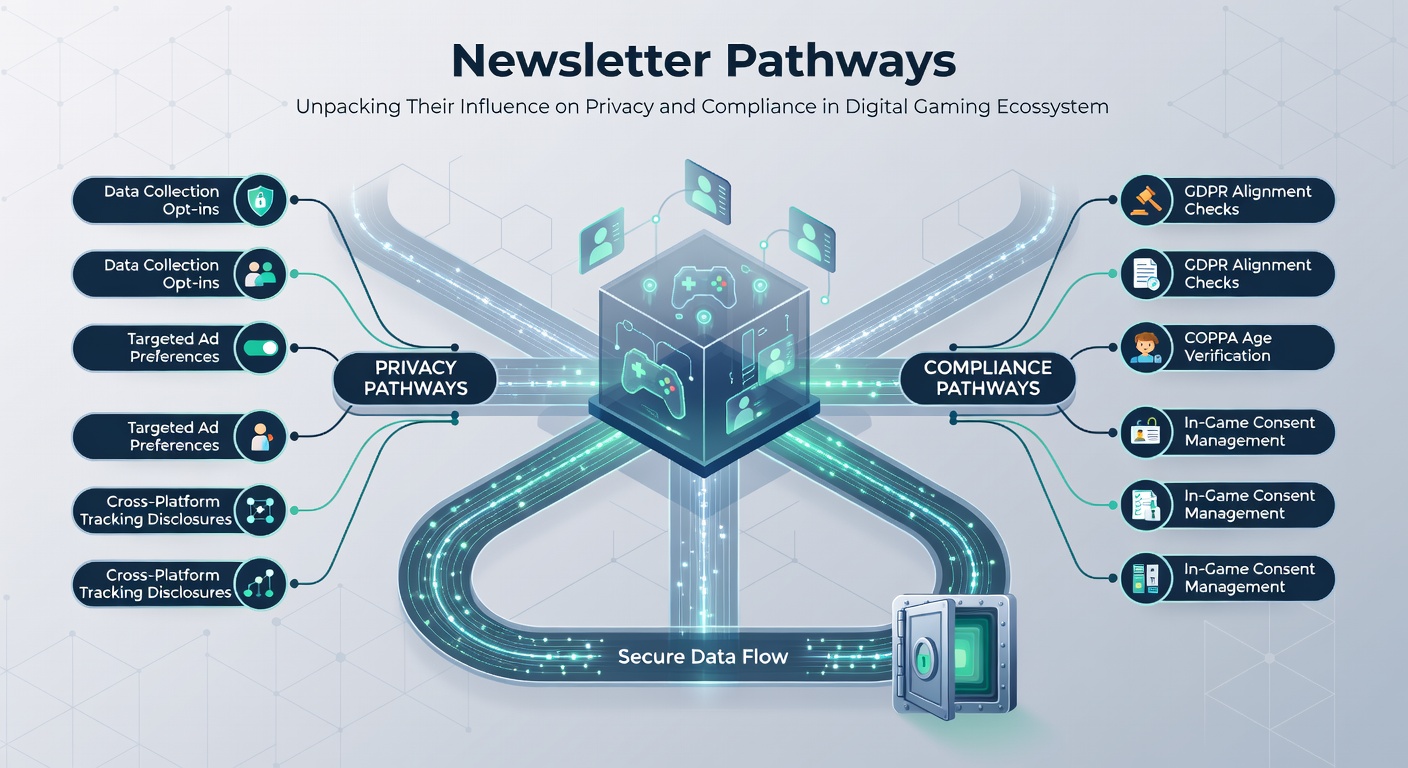Flowchart depicting data processing steps in gaming newsletters with compliance checkpoints and user consent layers