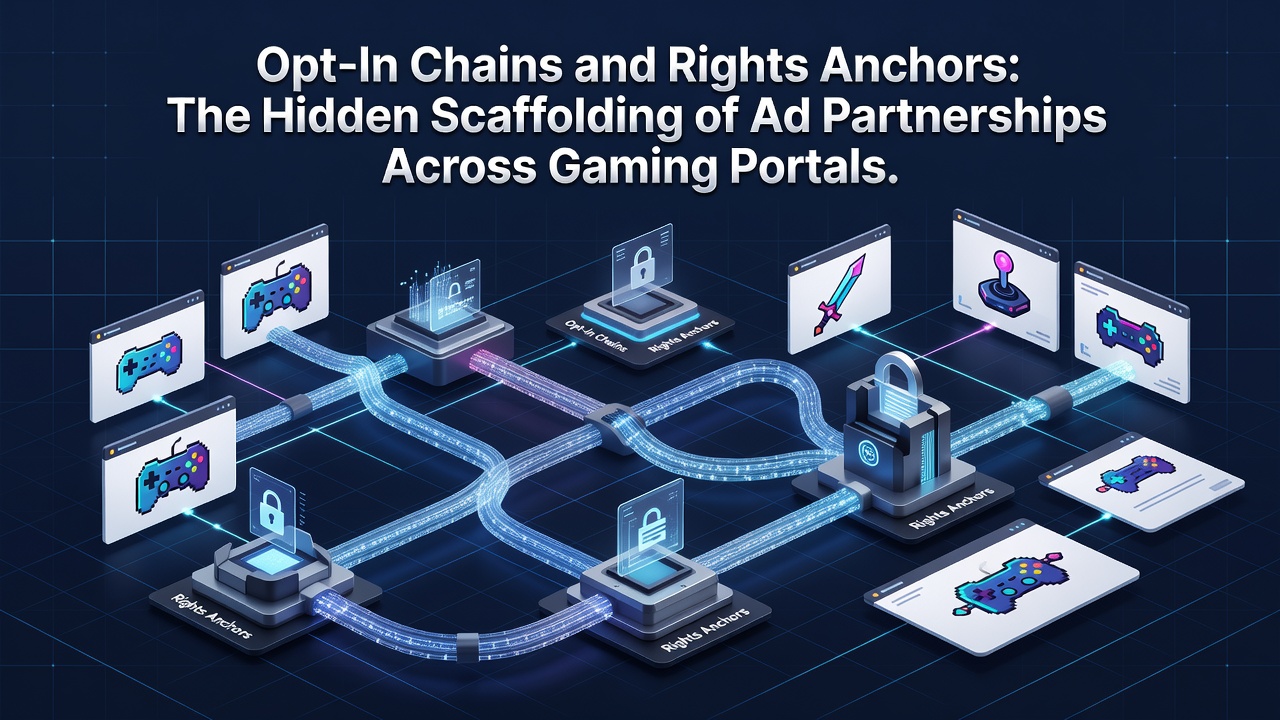 Flowchart showing rights anchors linking ad contracts between gaming portals and third-party networks with consent verification nodes