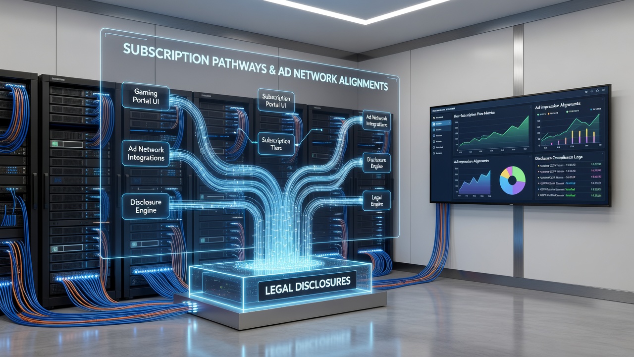 Flowchart illustrating ad network data exchanges with subscription pathways and embedded legal disclosures
