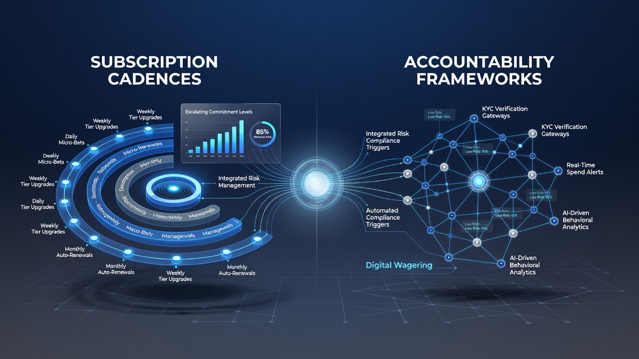 Illustration of integrated subscription billing cycle and player protection alerts within a wagering platform