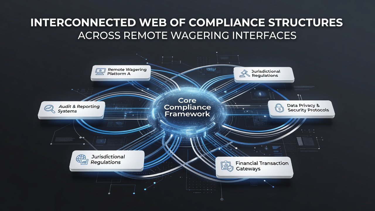 Flowchart illustrating how licensing, security, and reporting systems connect in wagering compliance