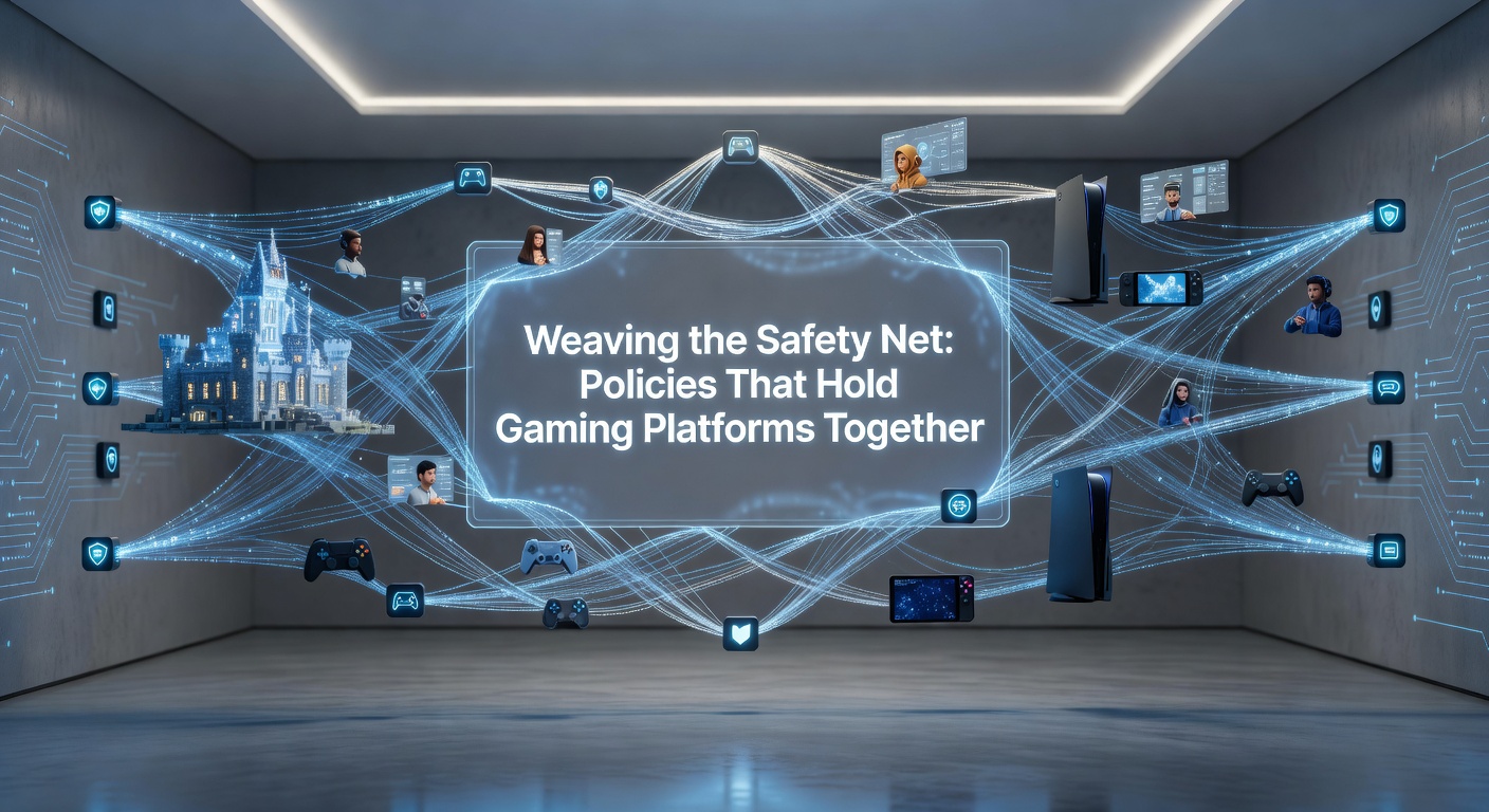 Digital threads forming a protective net over gaming icons, symbolizing regulatory safeguards in online platforms